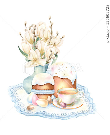 Easter spring composition with icing cake, cup of tea, colorful eggs stands on delicate blue napkin. Vase with white tulips and willow. Religious holiday symbol hand drawn watercolor illustration 135603728