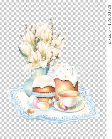 Easter spring composition with icing cake, cup of tea, colorful eggs stands on delicate blue napkin. Vase with white tulips and willow. Religious holiday symbol hand drawn watercolor illustration 135603728