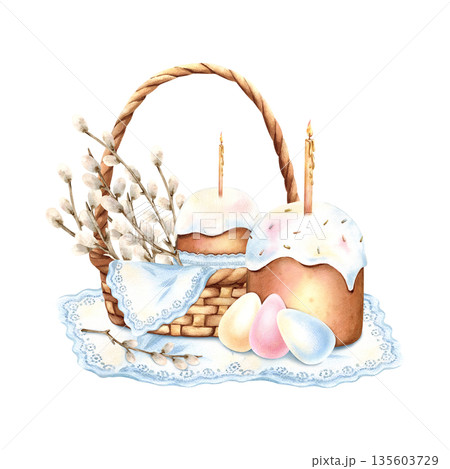 Easter festive illustration of wicker basket filled with kulich, willow branches, lit candle and colorful eggs stands on napkin. Symbol of rebirth, bright spring holiday. Hand drawn watercolor art 135603729
