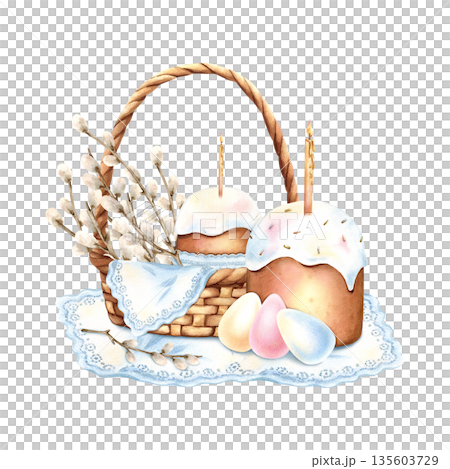 Easter festive illustration of wicker basket filled with kulich, willow branches, lit candle and colorful eggs stands on napkin. Symbol of rebirth, bright spring holiday. Hand drawn watercolor art 135603729