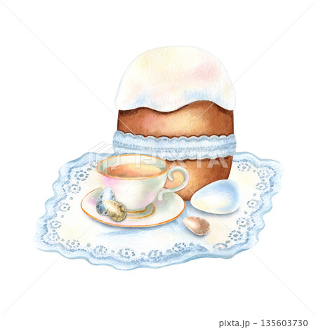 Easter Sunday Breakfast with icing cake tied lace ribbon, cup of tea, colorful eggs in pastel color, stands on delicate blue napkin. Holiday tradition symbol. Watercolor isolated illustration Easter Sunday Breakfast with icing cake tied lace ribbon, cup of tea, colorful eggs in pastel color, stands on delicate blue napkin. Holiday tradition symbol. Watercolor isolated illustration 135603730