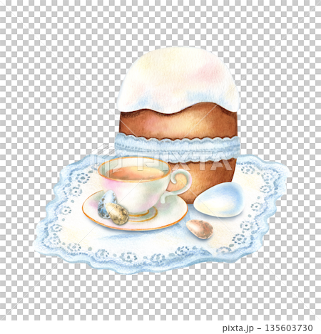 Easter Sunday Breakfast with icing cake tied lace ribbon, cup of tea, colorful eggs in pastel color, stands on delicate blue napkin. Holiday tradition symbol. Watercolor isolated illustration Easter Sunday Breakfast with icing cake tied lace ribbon, cup of tea, colorful eggs in pastel color, stands on delicate blue napkin. Holiday tradition symbol. Watercolor isolated illustration 135603730