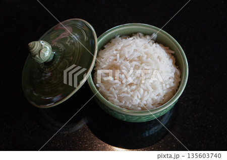 top view open the lid of the cup. The rice is in the ceramic cup. Placed on a marble table background, food, hot, object, copy space top view open the lid of the cup. The rice is in the ceramic cup. Placed on a marble table background, food, hot, object, copy space 135603740