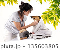 Shetland Sheepdog and woman in studio 135603805