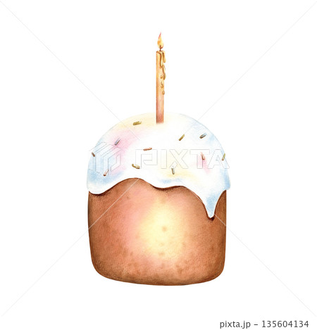 Easter cake with lit candle. Traditional Happy Easter holiday icing baking with sprinkles and burning candle. Spring festive glaze kulich. Watercolor hand drawn isolated illustration clip art, Paskha Easter cake with lit candle. Traditional Happy Easter holiday icing baking with sprinkles and burning candle. Spring festive glaze kulich. Watercolor hand drawn isolated illustration clip art, Paskha 135604134