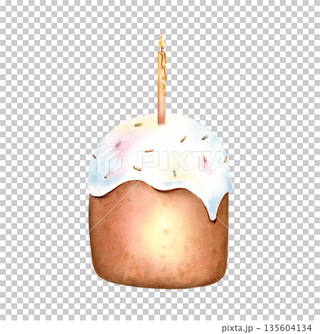 Easter cake with lit candle. Traditional Happy Easter holiday icing baking with sprinkles and burning candle. Spring festive glaze kulich. Watercolor hand drawn isolated illustration clip art, Paskha Easter cake with lit candle. Traditional Happy Easter holiday icing baking with sprinkles and burning candle. Spring festive glaze kulich. Watercolor hand drawn isolated illustration clip art, Paskha 135604134