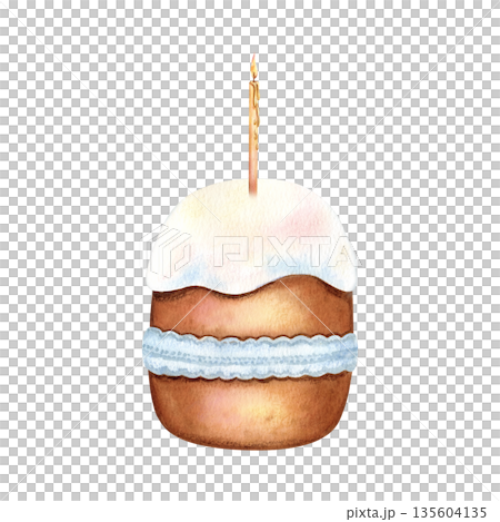 Easter cake tied lace ribbon with lit candle. Traditional Happy Easter festive bakery with burning candle. Spring holiday glaze kulich. Watercolor hand drawn isolated illustration clip art, Paskha 135604135