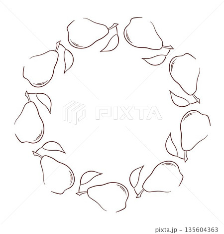Pear fruit wreath in line art style isolated on white background. Pear fruit wreath in line art style isolated on white background. 135604363