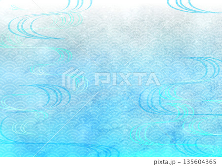 流水と青海波　水色の和紙の水彩風和風背景 135604365