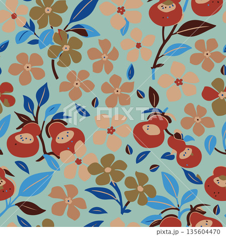 Elegant botanical seamless pattern featuring vibrant slipper flowers and periwinkle blooms. Perfect for luxury textiles, fashion, and home decor. Elegant botanical seamless pattern featuring vibrant slipper flowers and periwinkle blooms. Perfect for luxury textiles, fashion, and home decor. 135604470