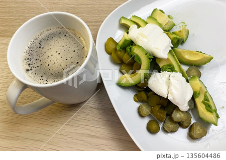 Healthy Breakfast with Coffee, Avocado, Poached Eggs, and Pickles Healthy Breakfast with Coffee, Avocado, Poached Eggs, and Pickles 135604486