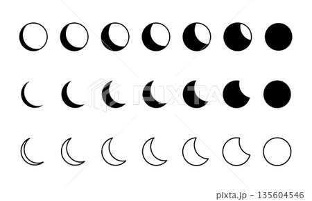 New and quarter, waning and waxing, crescent and full Moon sphere silhouettes and icons isolated on white background. Infographic of Lunar calendar cycle. Astrology sings. Vector graphic illustration 135604546
