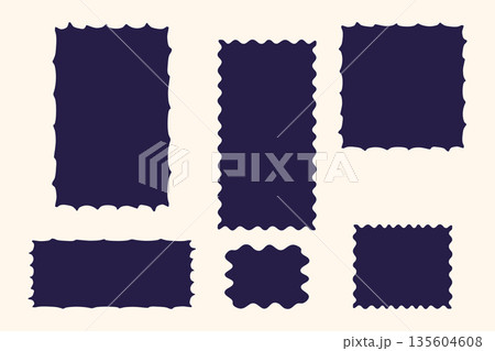 Abstract irregular rectangle shapes, text box set. Organic simple flat blob element. Wavy line zigzag edge, blue colour elements. Geometric Modern funky graphic stamp. Cute cartoon style design 135604608