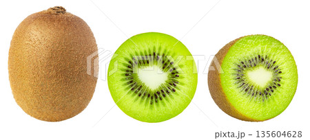 Green kiwis and cut in half with clipping path without shadows. Kiwi fruits and sliced kiwi isolated. No shadow.  135604628