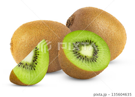 Two kiwi fruits and half with slice isolated. Two kiwi fruits and half with slice isolated. 135604635
