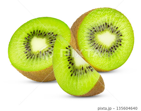 Sliced kiwi fruit isolated. Slice of kiwi and half of kiwi with clipping path. Two kiwi slices and cut in a slice. Sliced kiwi fruit isolated. Slice of kiwi and half of kiwi with clipping path. Two kiwi slices and cut in a slice. 135604640