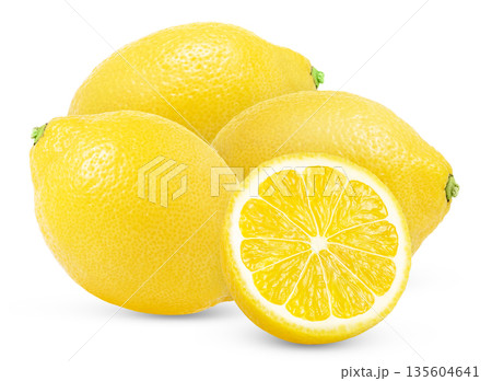 Organic lemon fruit with sliced isolated on white background. Three lemons and half of lemon isolated. Organic lemon fruit with sliced isolated on white background. Three lemons and half of lemon isolated. 135604641