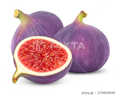 Whole and cut purple figs isolated. Fig and cut in a half. 135604644