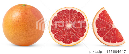 Pink grapefruit isolated. Grapefruit whole, slice, half on white. Grapefruit set isolate. With clipping path. Full depth of field. Pink grapefruit isolated. Grapefruit whole, slice, half on white. Grapefruit set isolate. With clipping path. Full depth of field. 135604647