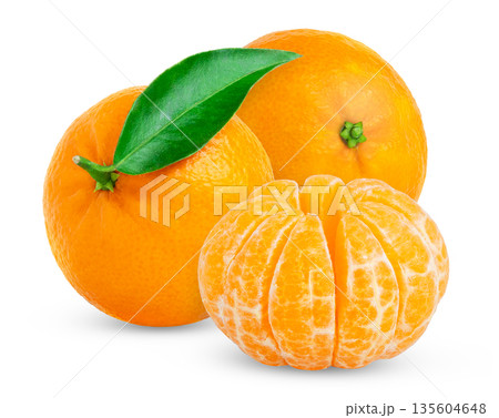 Two whole ripe tangerine with green leaf and peeled tangerine, mandarin or clementine isolated Two whole ripe tangerine with green leaf and peeled tangerine, mandarin or clementine isolated 135604648
