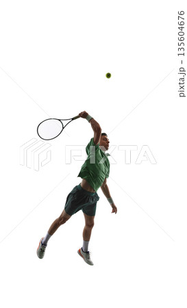 Tennis player airborne serve strike isolated on white background. 135604676