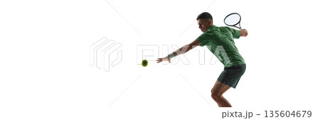 Tennis player reaching ball with extended arm isolated on white background. Banner Tennis player reaching ball with extended arm isolated on white background. Banner 135604679