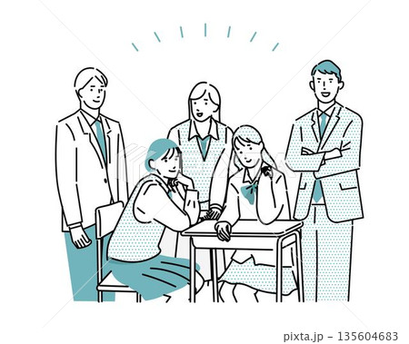 男女学生-受験生応援ー学校生活ー机ー複数の人物シンプルベクターイラスト素材 135604683