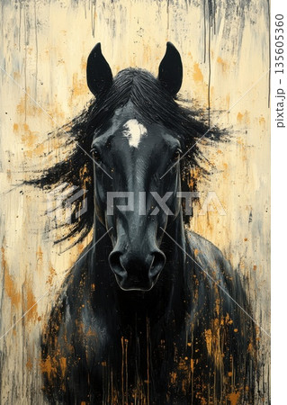 Portrait of black dressage horse highlighted on abstract background. Close-up of muzzle of black horse on background. illustration Portrait of black dressage horse highlighted on abstract background. Close-up of muzzle of black horse on background. illustration 135605360