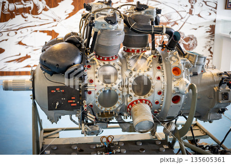 Radial aircraft engine showcasing complex mechanical details Radial aircraft engine showcasing complex mechanical details 135605361