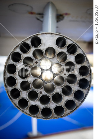 Military rocket launcher tubes pointing forward 135605537