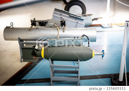 Military bomb displaying war weapon technology in museum Military bomb displaying war weapon technology in museum 135605551