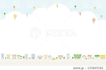 水彩風　かわいい街並みの背景イラスト素材　横長　コピースペース 135605582