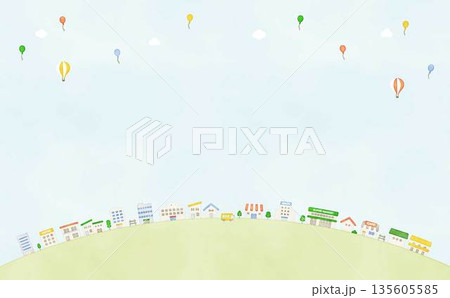 水彩風　円弧に並ぶ街並みの背景イラスト 135605585