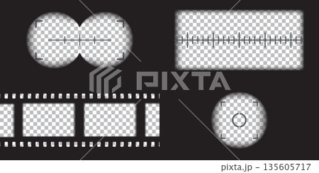 Video camera, binocular and camera roll viewfinder overlay. Camera and binocular frame vector template. Black lines on transparent background.  135605717
