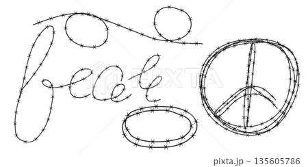 Twisted barbed wire silhouettes set in rounded and square shapes. Vector illustration of steel black wire barb fence frames. Concept of protection, danger or security 135605786
