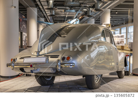 Streamlined vintage car showcasing historic automotive design in Zlin Streamlined vintage car showcasing historic automotive design in Zlin 135605872
