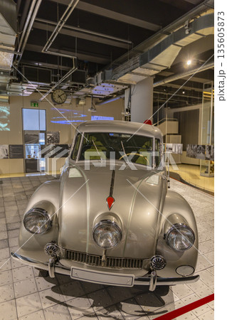 Vintage car exhibition presenting automotive history in Zlin 135605873
