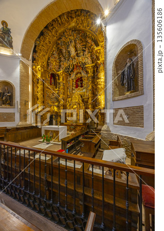 Ornate gilded altarpiece inside historic church Sahagun Spain interior Ornate gilded altarpiece inside historic church Sahagun Spain interior 135606186