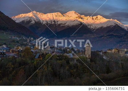 Georgia towers of Svaneti at sunrise. 135606731