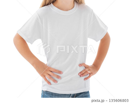 little girl in a white template blank t-shirt isolated on a white background 135606803