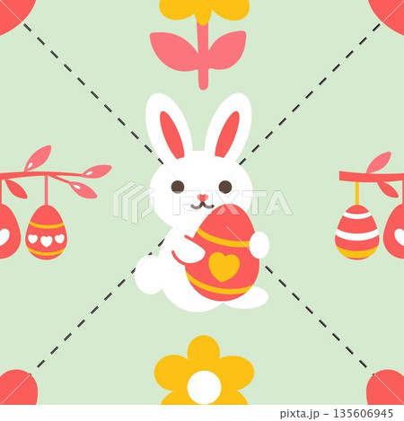 Spring seamless pattern Easter bunny, egg, heart, and willow branch. For poster, card, scrapbooking, and stickers. Easter seamless pattern. Vector illustration 135606945