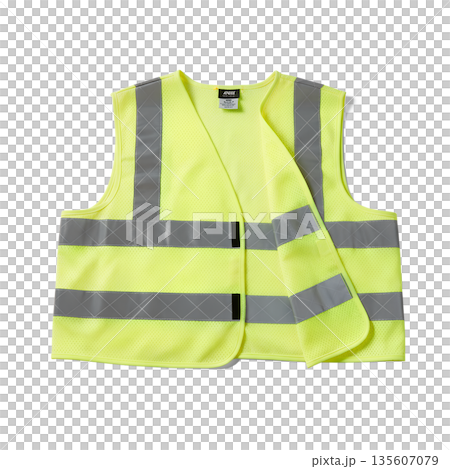 Isolated high-visibility safety vest with reflective silver strips, essential for construction, roadside work, and industrial safety concepts 135607079