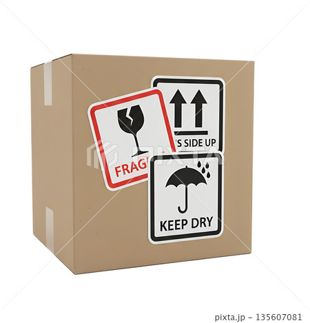 Standard brown cardboard shipping box with prominent "fragile," "this side up," and handling labels, for packaging and logistics themes 135607081