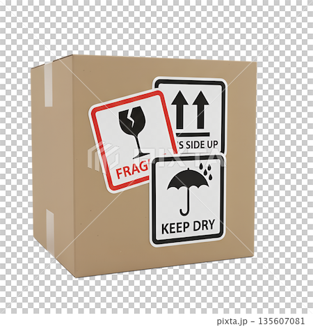 Standard brown cardboard shipping box with prominent "fragile," "this side up," and handling labels, for packaging and logistics themes 135607081