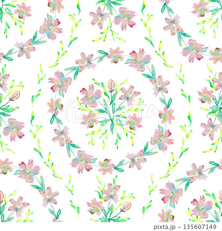 Watercolor Pink Floral Wreath Seamless Pattern Watercolor Pink Floral Wreath Seamless Pattern 135607149
