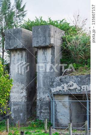 太平洋戦争の軍事遺構、厚いコンクリートの劣化が刻まれた戦闘指揮所跡の細部(喜界島) 太平洋戦争の軍事遺構、厚いコンクリートの劣化が刻まれた戦闘指揮所跡の細部(喜界島) 135607157