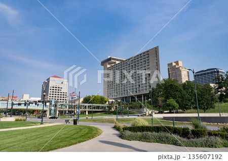 Kansas City, Missouri, USA - August 07, 2025: The Westin Kansas City at Crown Center. City street with architecture building Westin Kansas City at Crown Center. Architectural building and park 135607192