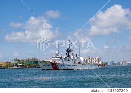 Miami, Florida, USA - July 19, 2025: Patrol ship of US coast guard with team. Coast guard patrol boat in sea. USCGC Harriet Lane. US coast guard boat. Medium Endurance Cutter Miami, Florida, USA - July 19, 2025: Patrol ship of US coast guard with team. Coast guard patrol boat in sea. USCGC Harriet Lane. US coast guard boat. Medium Endurance Cutter 135607200