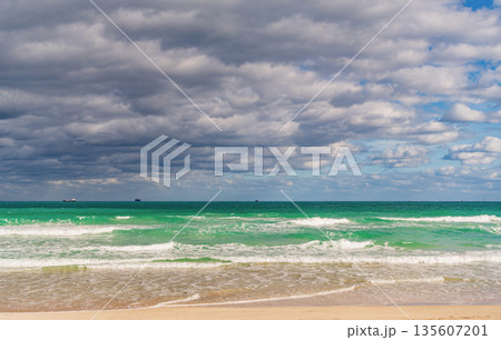 Romantic summer vacation seascape. Seascape horizon paradise. Sea sunrise on ocean beach. Sunset seascape at summer vacation. Horizon with sea cloudy sky. Calm horizon at sea. Sea breeze 135607201