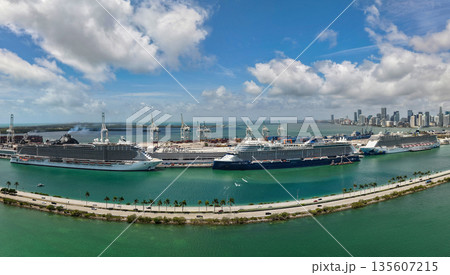 Miami, Florida, USA - May 11, 2025: Celebrity Beyond, MSC Seascape and Norwegian Escape cruise ship voyage. MSC and Celebrity cruises. Norwegian cruise line. Cruise ship tour. Ship in Miami port 135607215